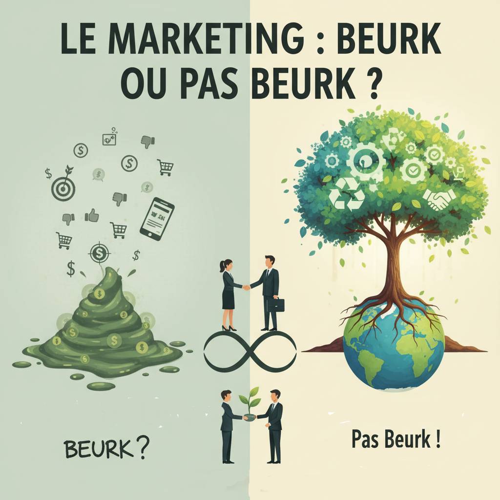 d'un côté un tas de boue montrant le mauvais marketing de l'autre un arbre ancré sur la planète montrant le bon marketing